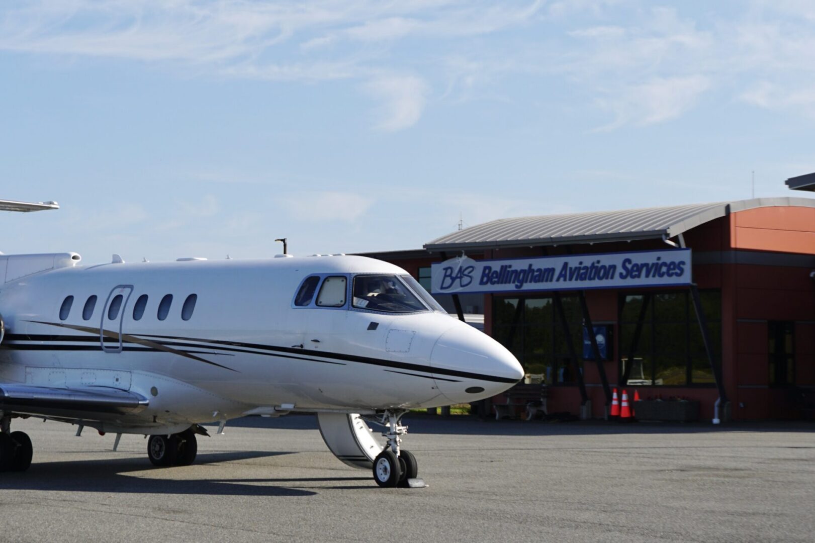 Private jet parked near aviation services building.
