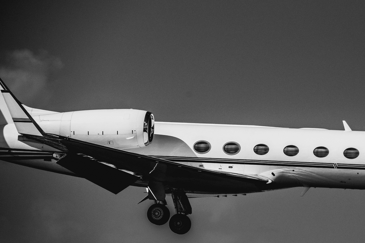 Private jet landing, monochrome side view.
