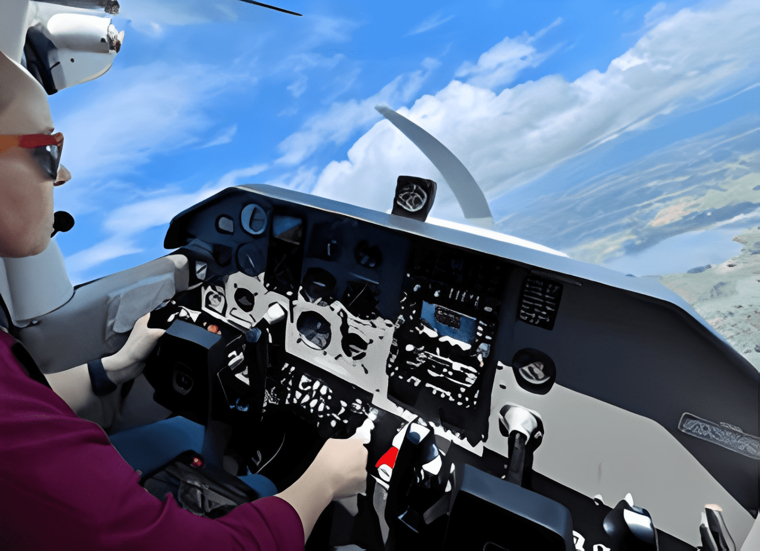 Pilot flying small aircraft over scenic landscape.